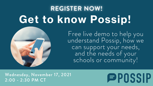 Live Possip Demo Header. With a date of Wednesday, November 17th, 2021 from 2:00 - 2:30 PM CT.